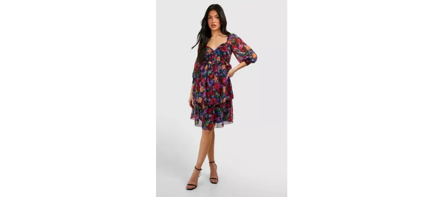 Maternity Floral Dobby Puff Shoulder Mini Dress | HerMagic