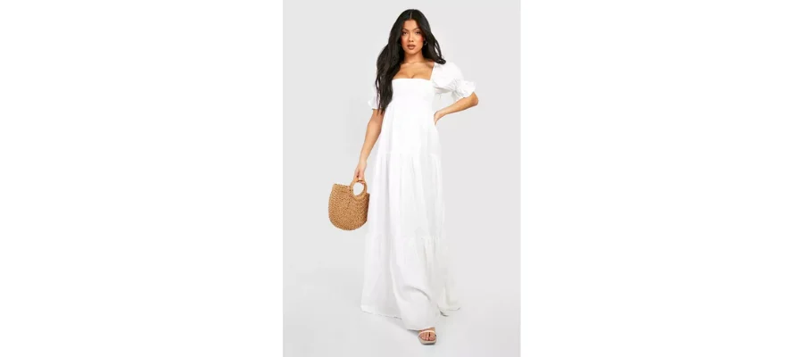 Maternity Linen Shirred Tiered Midaxi Dress | HerMagic