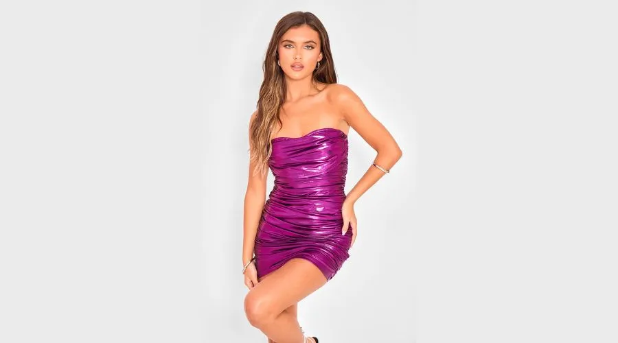 Purple High Shine Bandeau Ruched Bodycon Dress