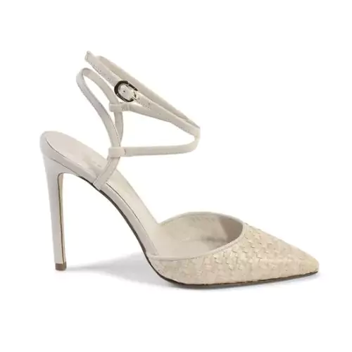 Woven Leather Pumps Ankle Strap Style - Beige