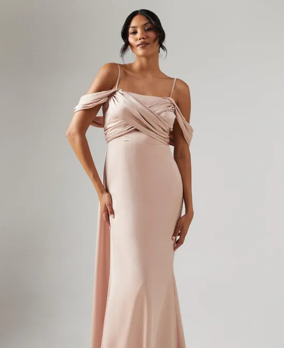 Wrap Bodice Draped Sleeve Satin Maxi
