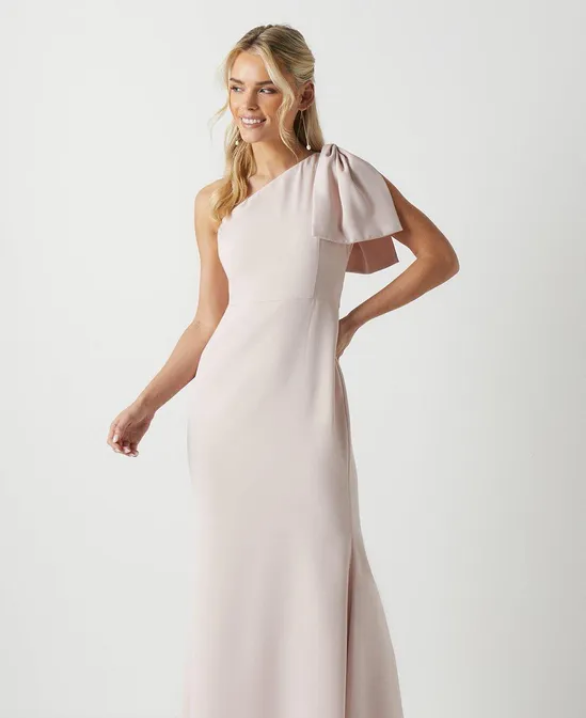 Wrap Bodice Draped Sleeve Satin Maxi Bridesmaid Dress
