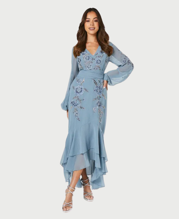 Wrap Bodice Draped Sleeve Satin Maxi
