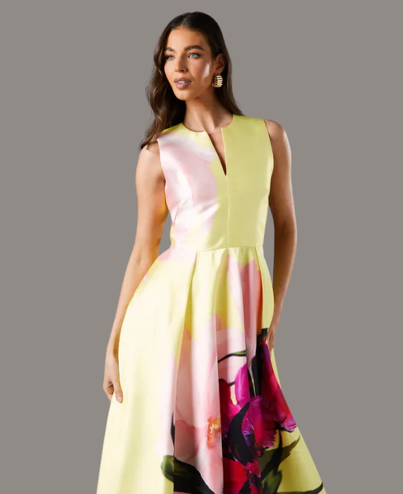 Twill Notch Neck Printed Midi Dress
