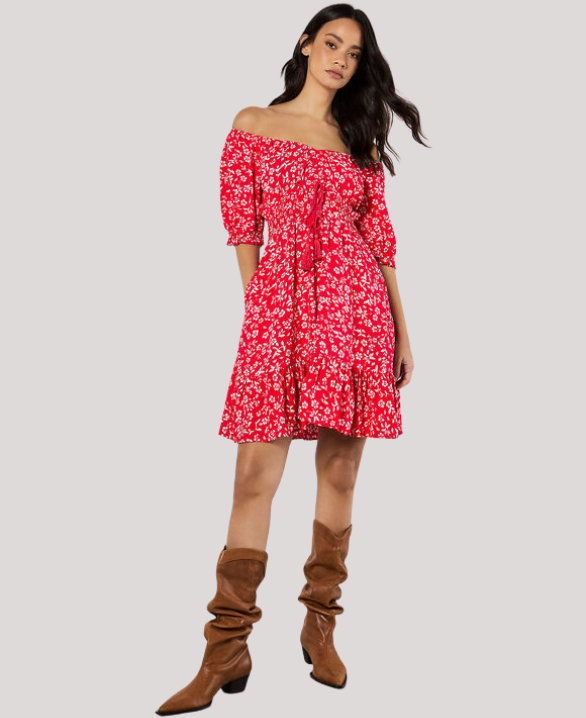 Sarasa Floral Bardot Mini Dress