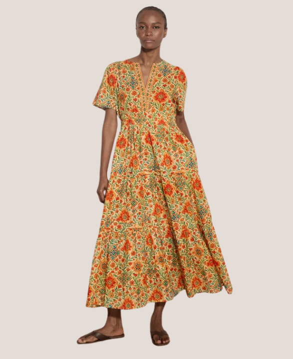 Stain Glass Floral Tiered Midaxi Dress