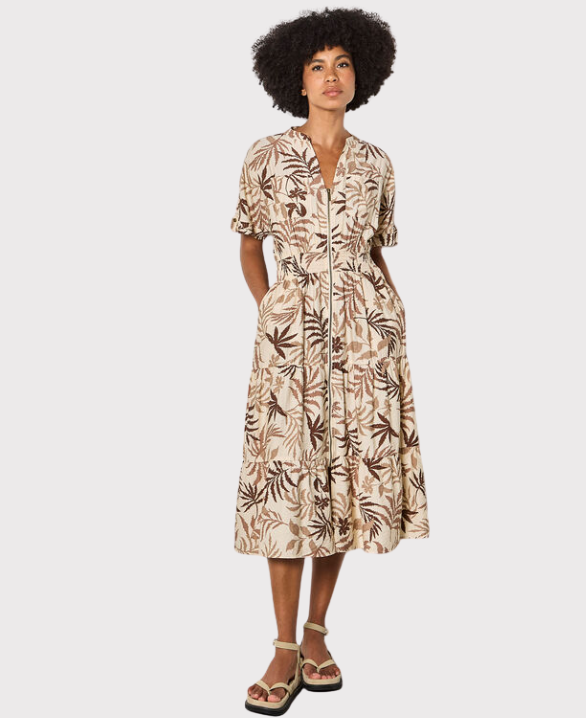 Tropical Leaf Zip-Down Midi Dress