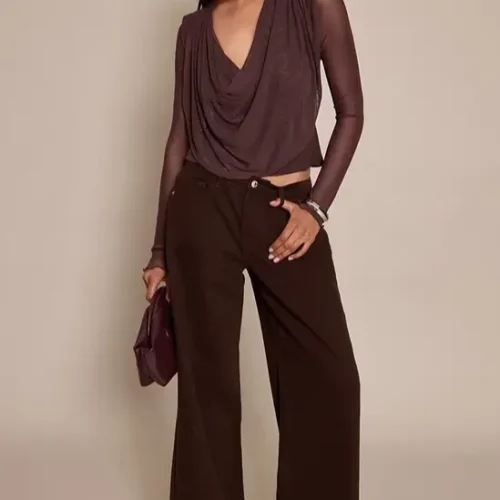 Chocolate Mesh Cowl Long Sleeve Top (1)