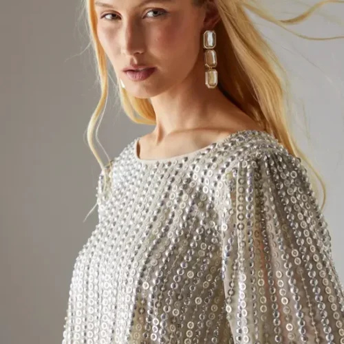 Hen Hand Embellished Sequin Slash Neck Blouson Mini Dress (1)