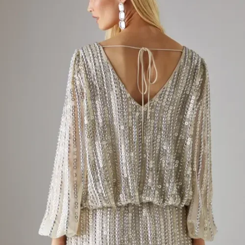 Hen Hand Embellished Sequin Slash Neck Blouson Mini Dress (2)